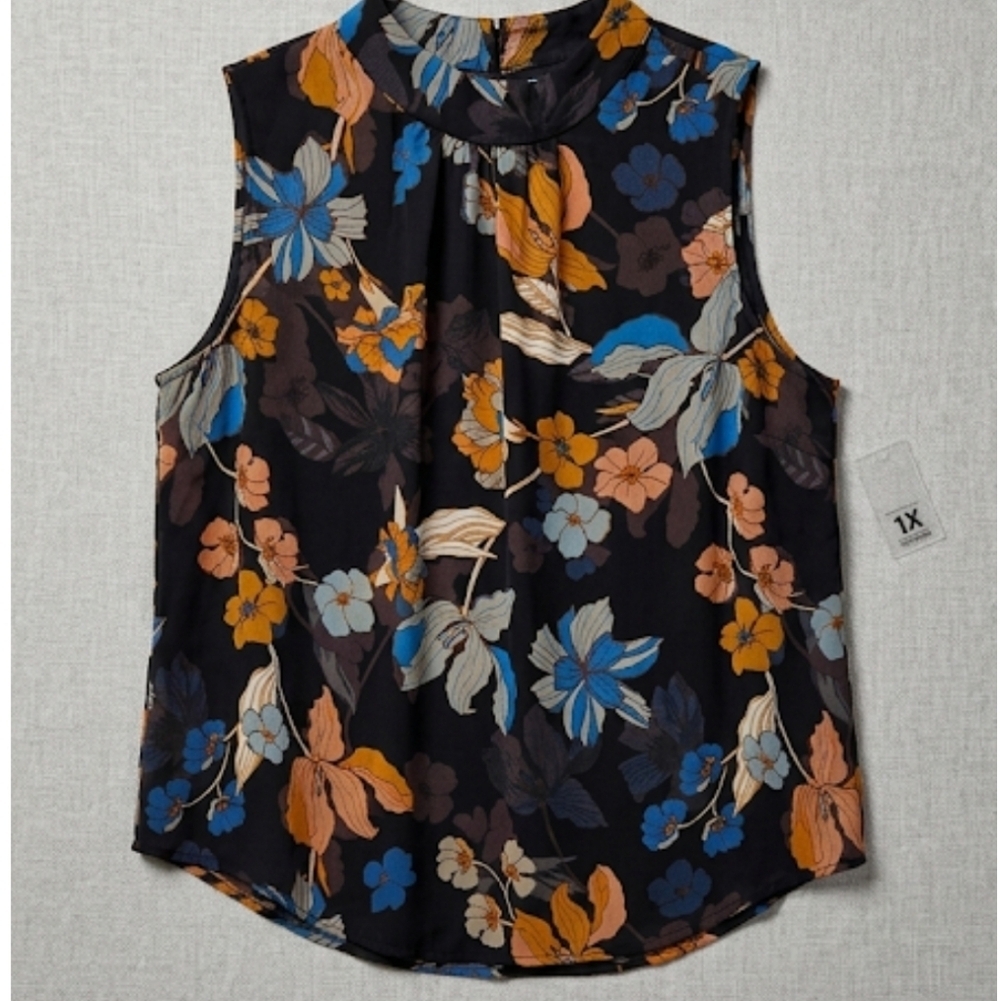 Who What Wear Sheer Sleeveless Blouse Size 1X Navy Floral Chiffon  Casual EUC